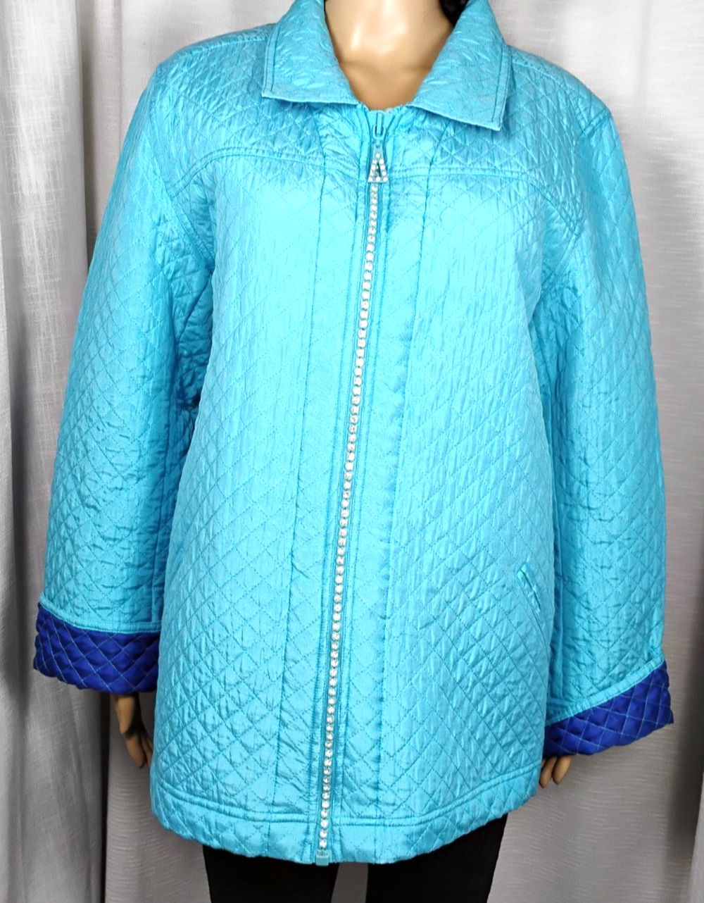 Quacker Factory Silk Quilted Jacket Rhinestone Zipper Full Zip Glam Dopamine L
